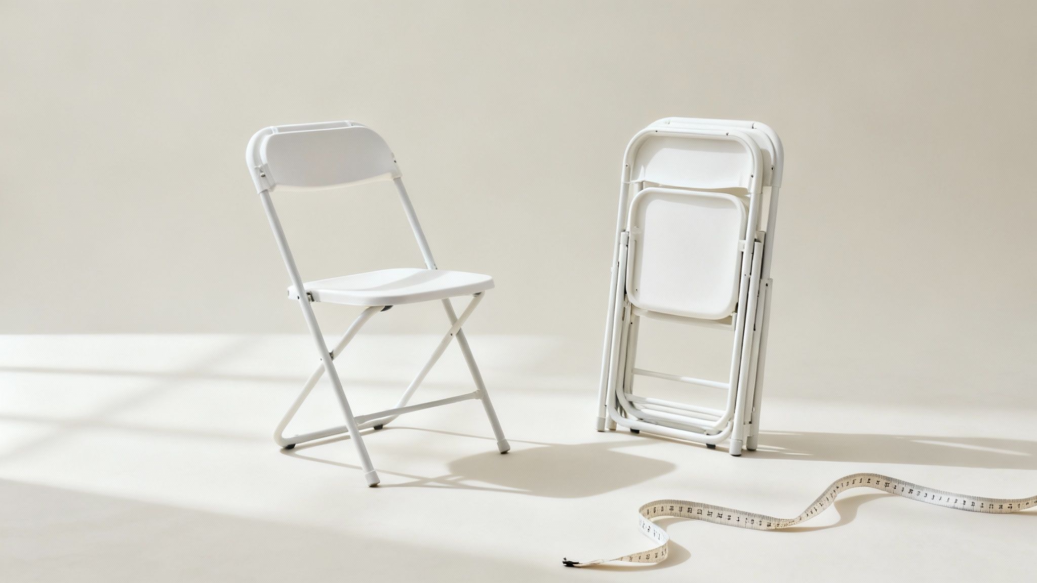 Two white folding chairs, one open and one folded, with a measuring tape on a light studio floor.