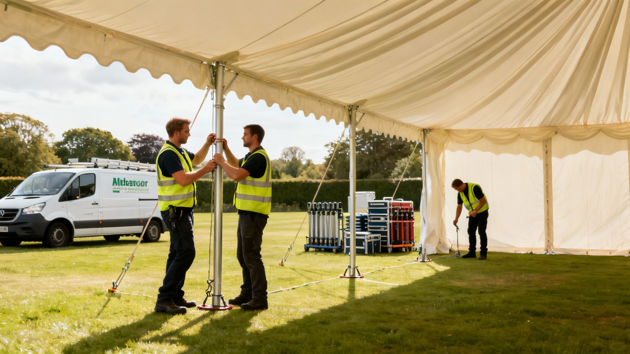 Workers in safety vests setting up a large white event tent on a green lawn.