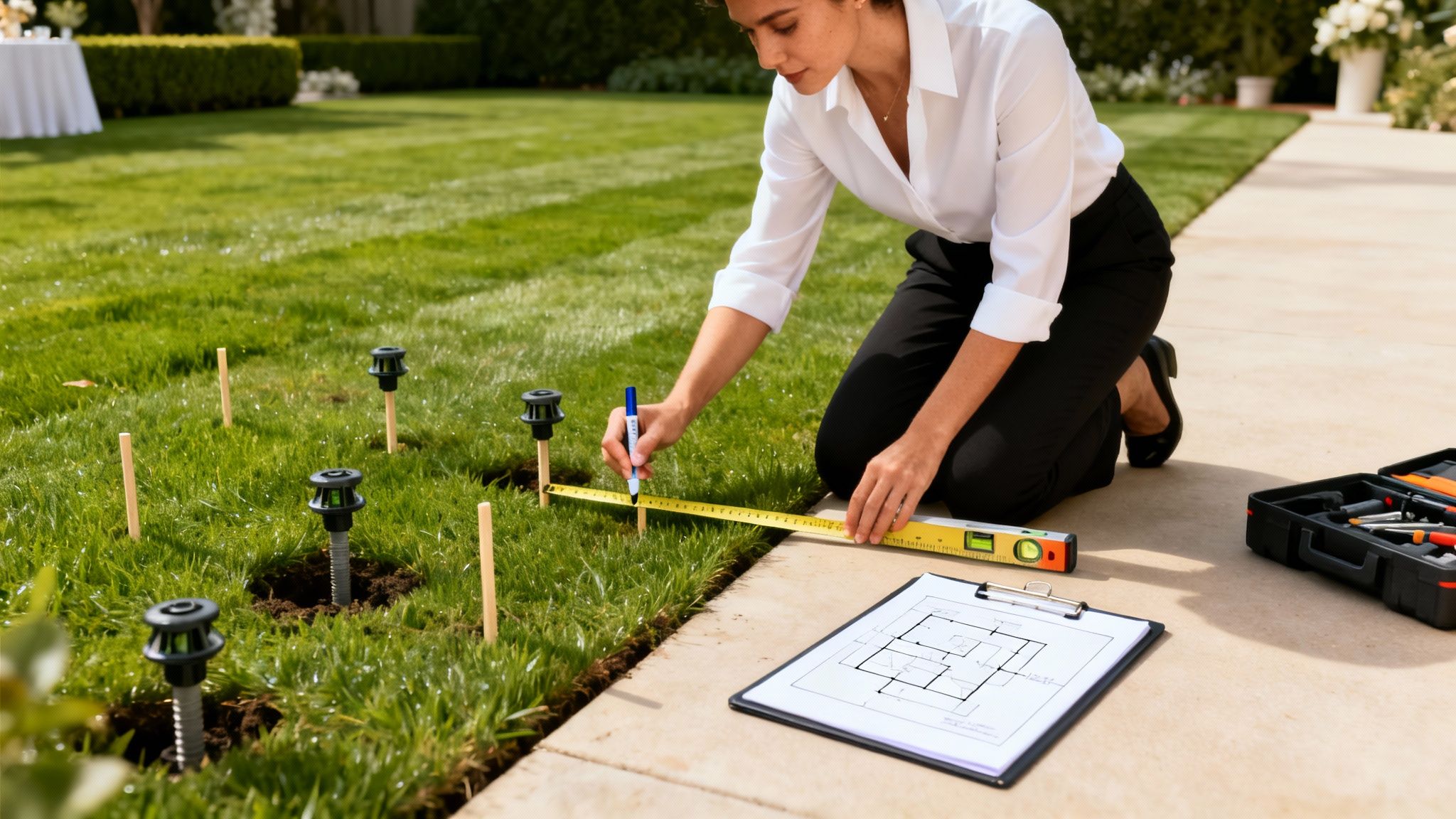 A woman measures and marks spots in a lawn for landscape lighting, with a blueprint and toolbox.