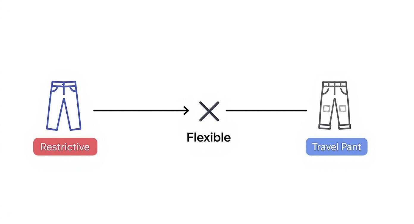 Illustration comparing restrictive pants that are not flexible with flexible travel pants.
