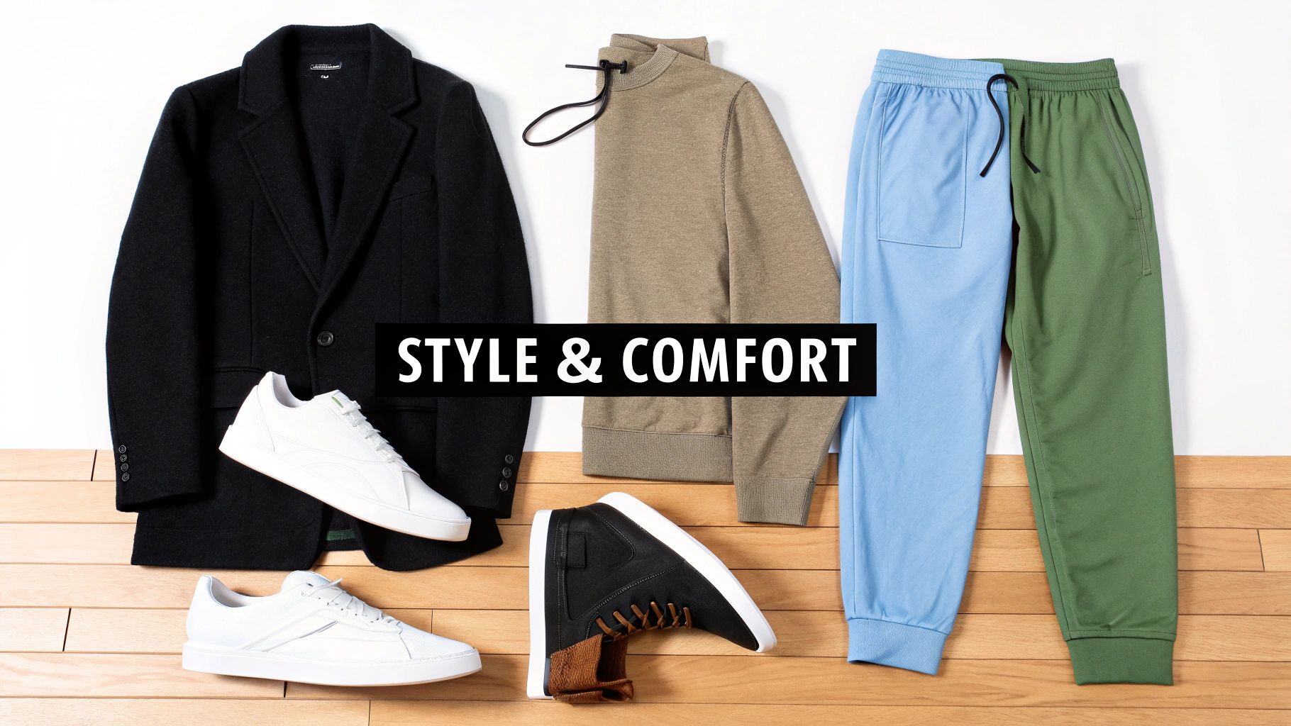 Men's fashion flatlay featuring a black coat, beige sweatshirt, blue and green joggers, and sneakers.