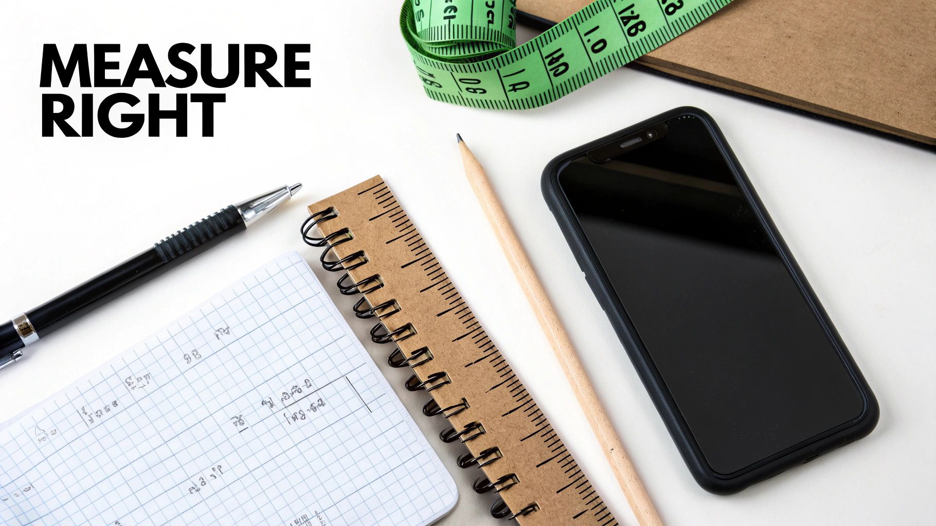 Flat lay of measuring tools like a tape, ruler, pen, notebook, and phone with 'MEASURE RIGHT' text.