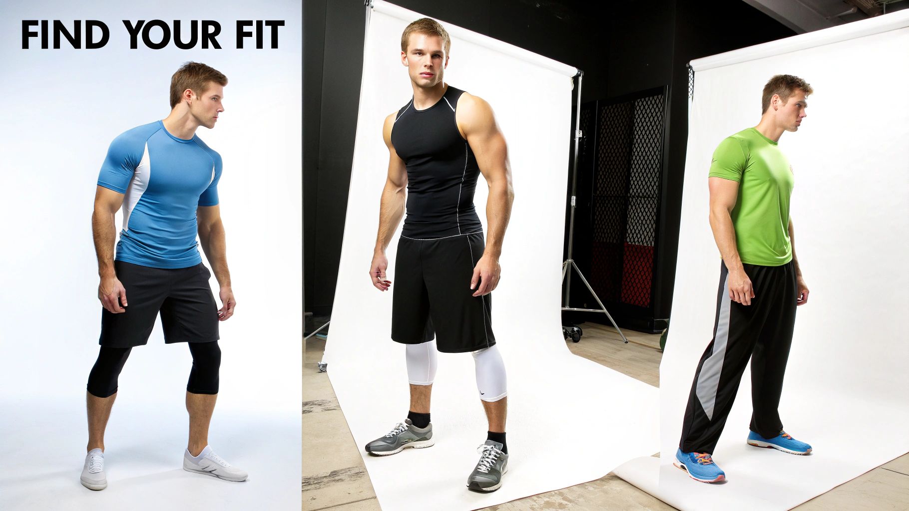 Three male models showcasing various activewear outfits, including shorts, leggings, and performance shirts, in a studio setting.