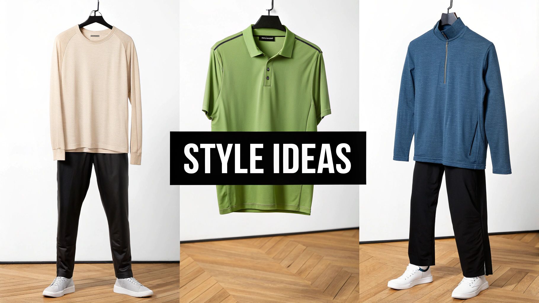 Three men's casual style ideas with long-sleeve shirts, polo, pullovers, black pants, and sneakers.