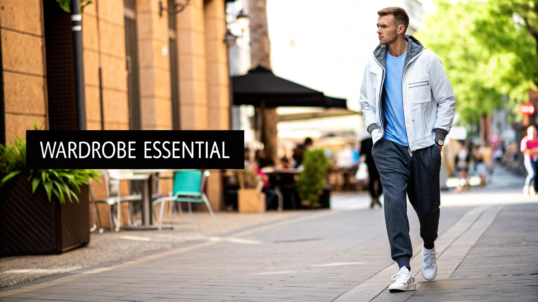 A man in a white jacket, blue t-shirt, and dark grey sweatpants walks on an urban street.