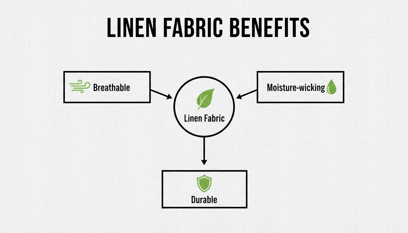 A diagram illustrating the key benefits of linen fabric, including breathable, moisture-wicking, and durable.