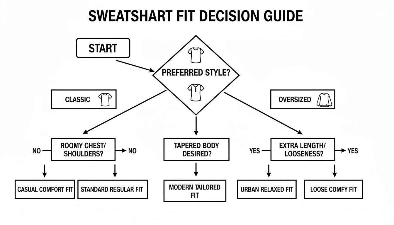 Flowchart guide to choosing the perfect sweatshirt fit based on classic, tailored, and oversized styles.