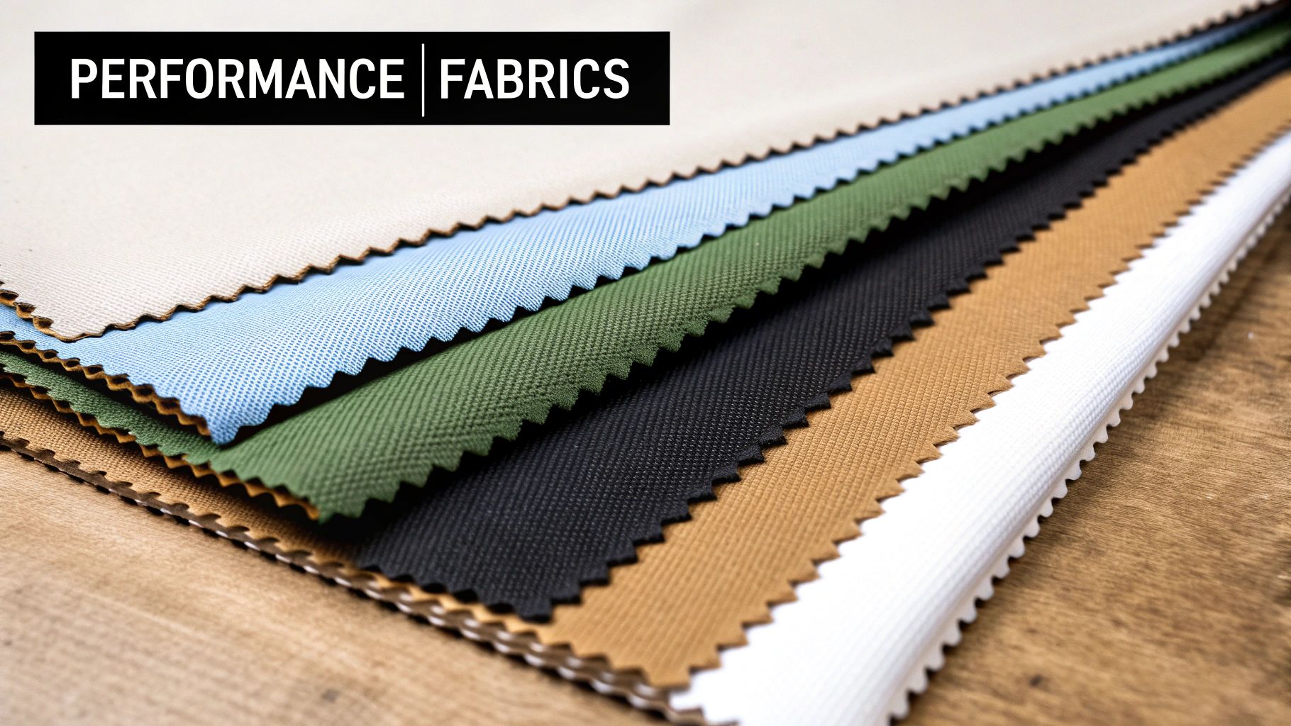 Close-up of multiple colorful performance fabric swatches with zigzag edges on a wooden table.