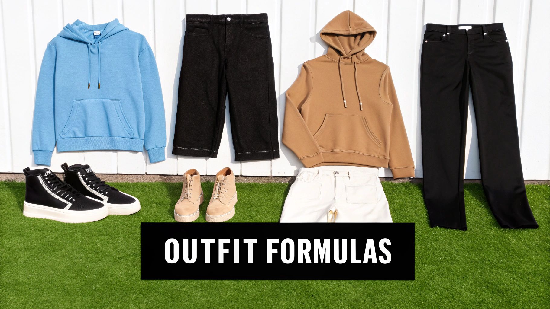 Collection of casual outfits featuring hoodies, wide-leg pants, sneakers, and boots on grass.