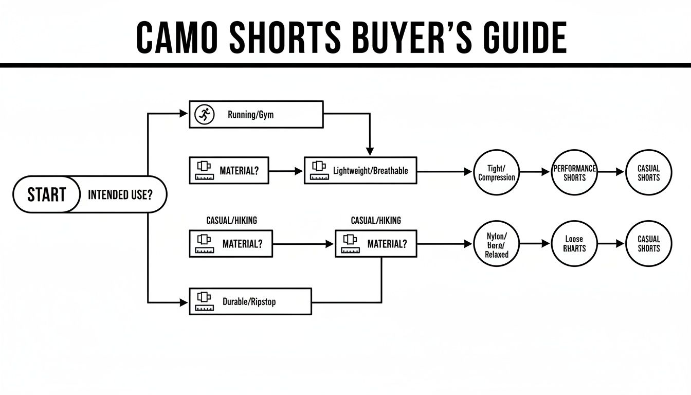 Flowchart guiding the selection of camo shorts based on intended use, material, and fit.