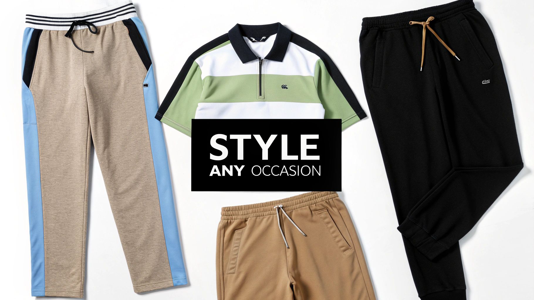 A flat lay of men's casual sportswear, including sweatpants, a polo shirt, and joggers.