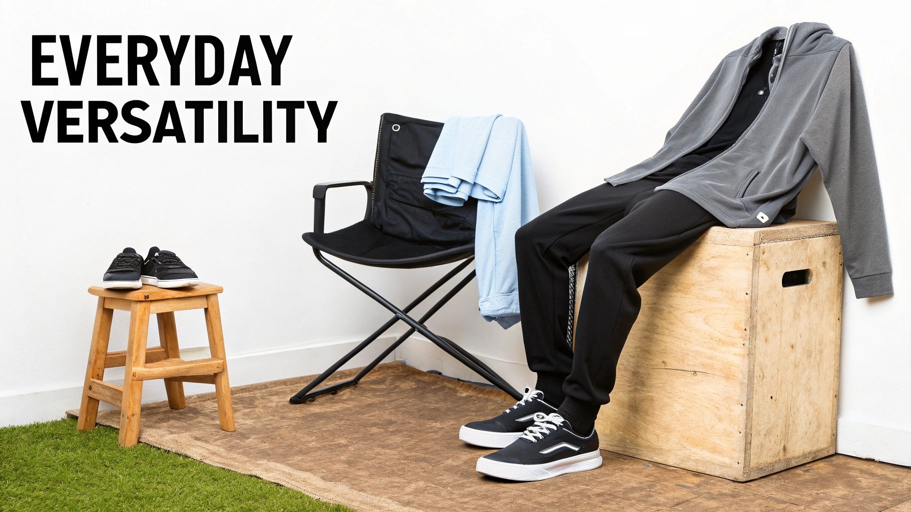 A comfy grey hoodie, black sweatpants, and sneakers arranged with other casual clothes, highlighting everyday versatility.