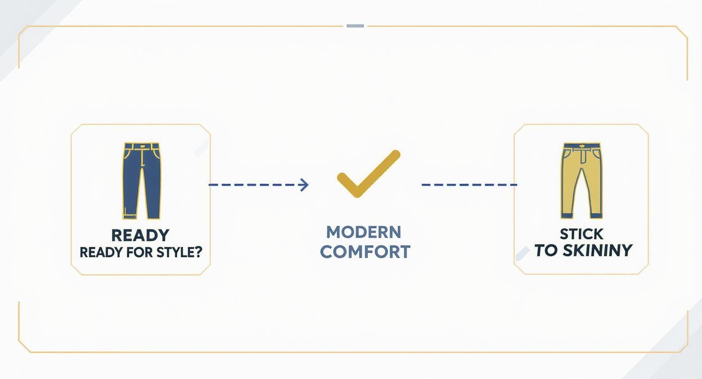 An infographic comparing different pant styles, promoting modern comfort over skinny fits.