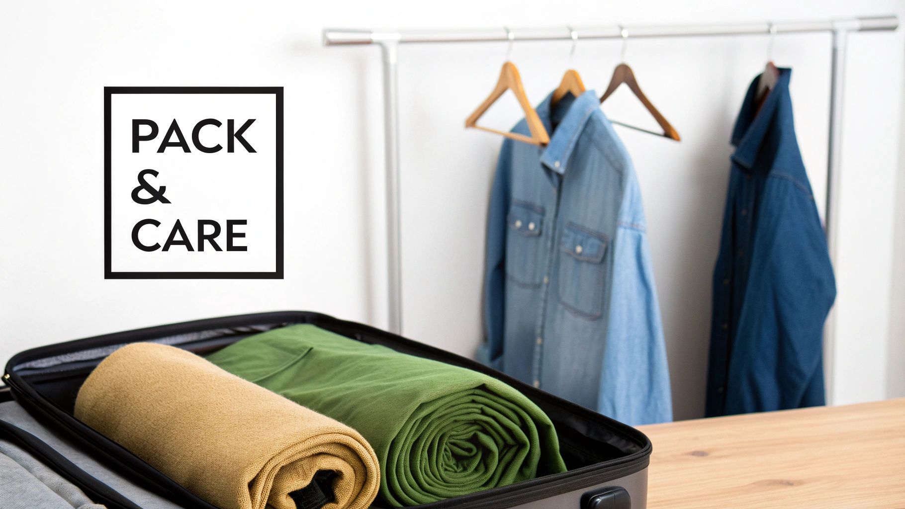 Rolled clothes packed in a suitcase, with denim shirts hanging on a rack and 'PACK & CARE' text.