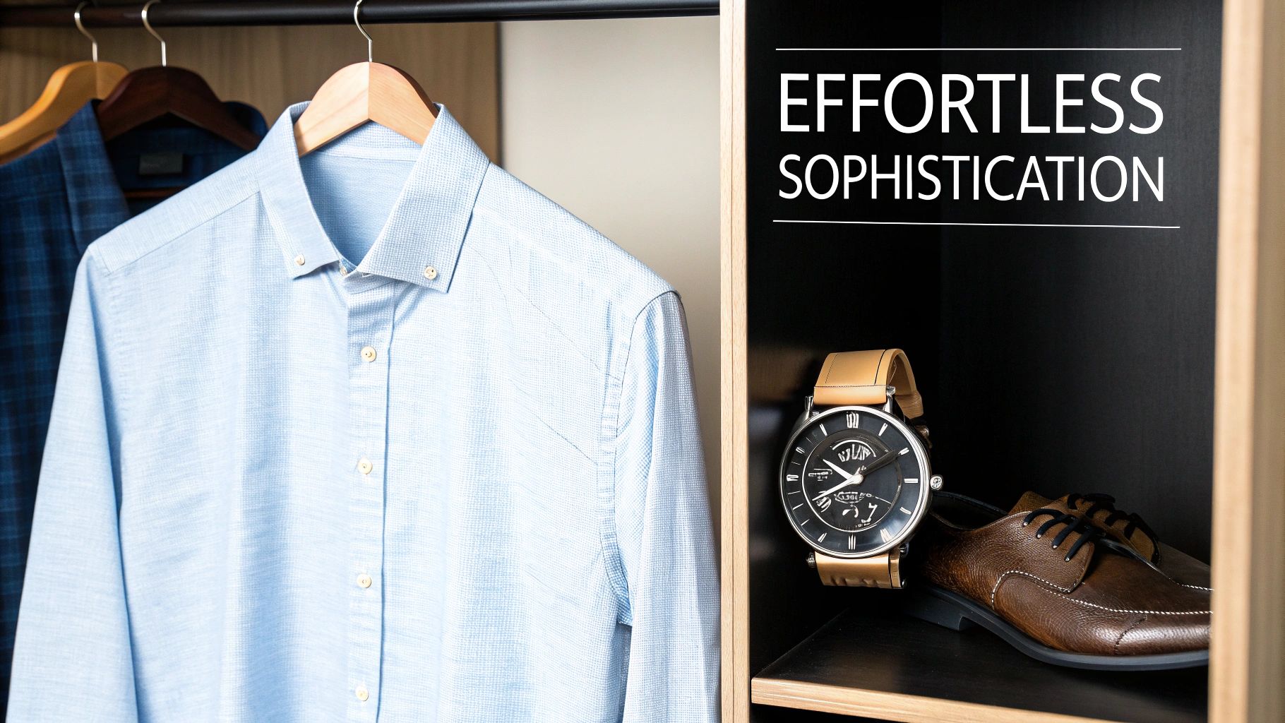 A light blue men's shirt on a hanger next to a watch and brown dress shoes, showcasing effortless style.