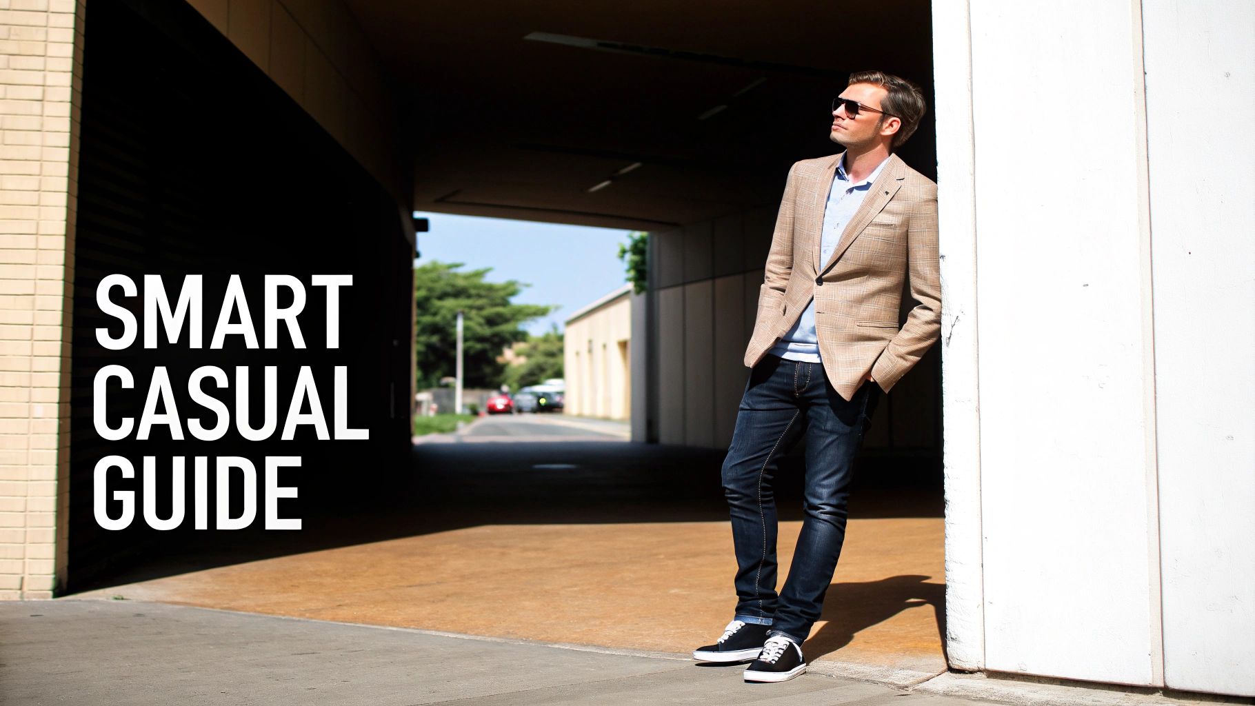 A man in a smart casual outfit, including a plaid blazer and dark jeans, leans outdoors.