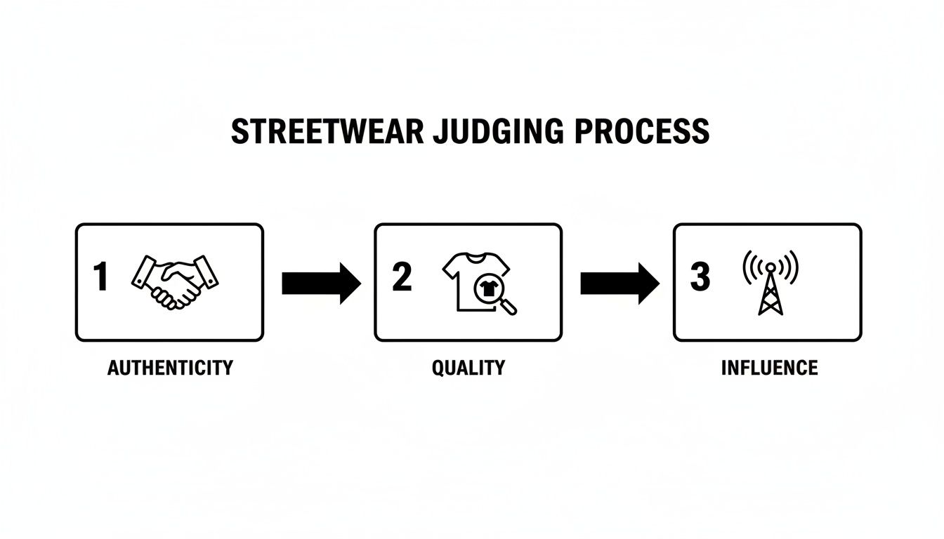Flowchart outlining the streetwear judging process, highlighting authenticity, quality, and influence as key steps.