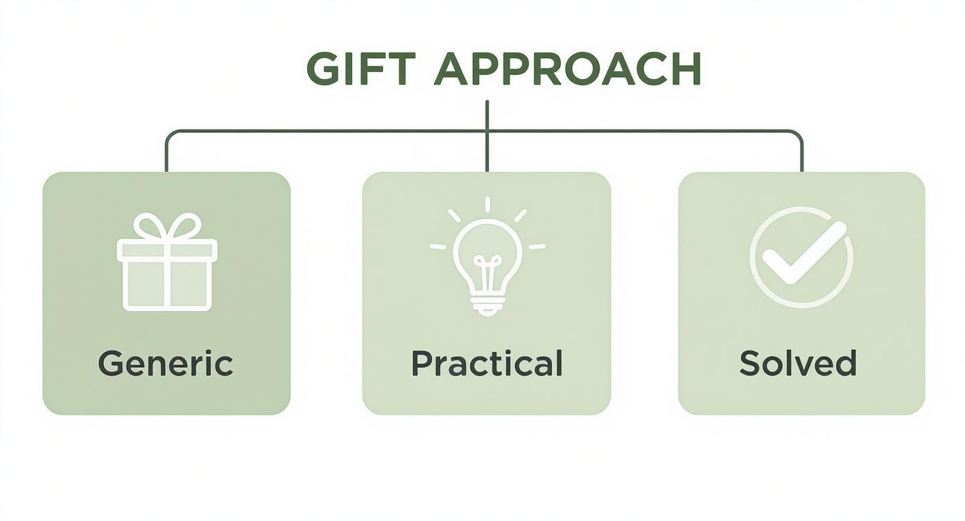 A diagram illustrating the 'GIFT APPROACH' with three categories: Generic, Practical, and Solved.