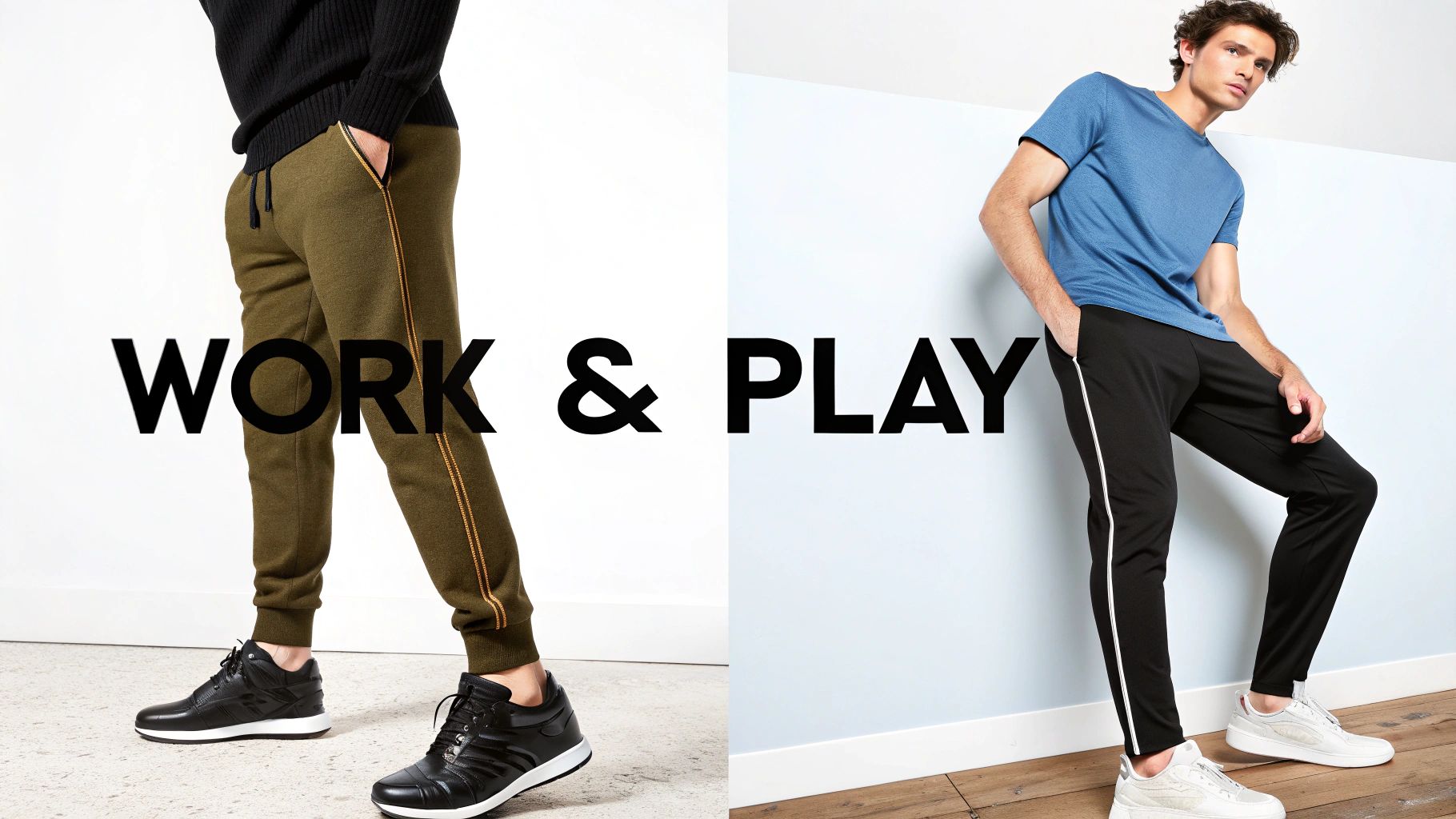 Two men showcase comfortable athleisure pants in different colors, suitable for work and play.