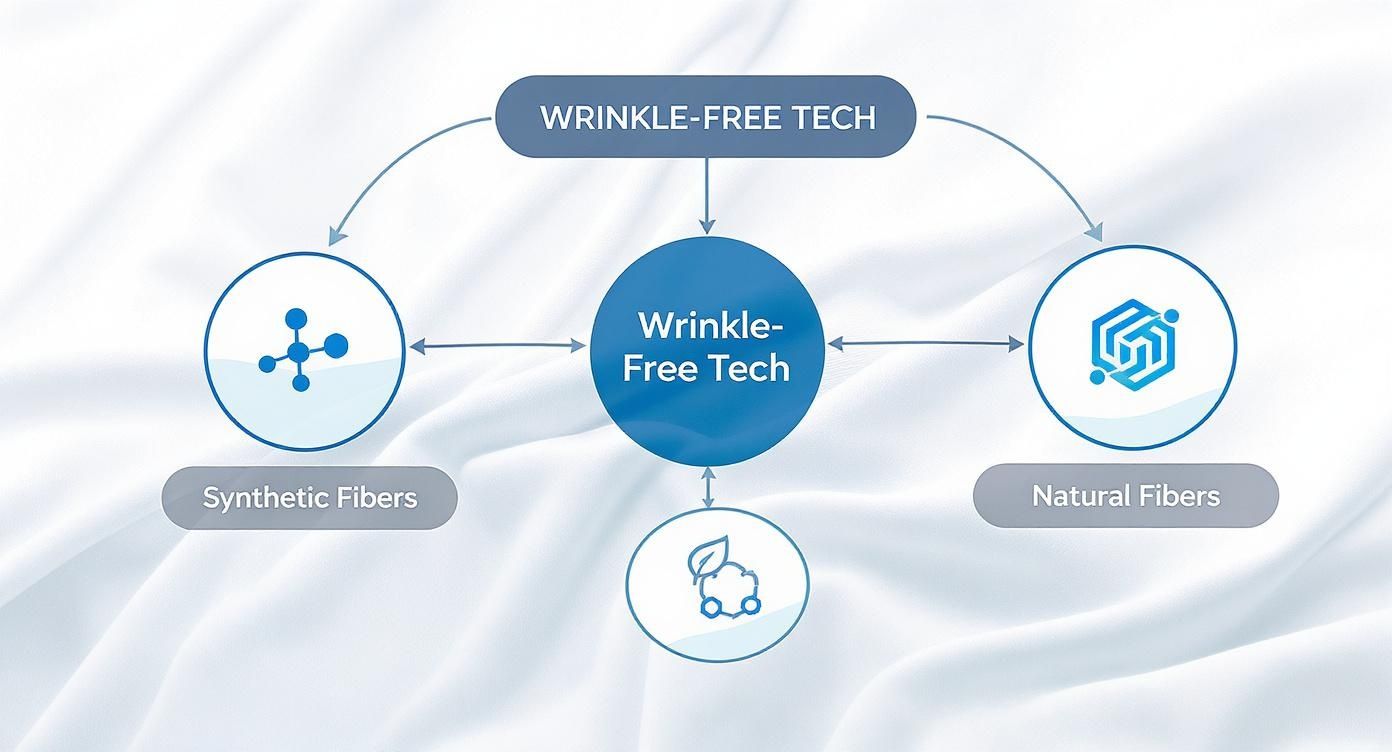 A diagram illustrating 'Wrinkle-Free Tech' applied to both Synthetic and Natural Fibers for fabric care.