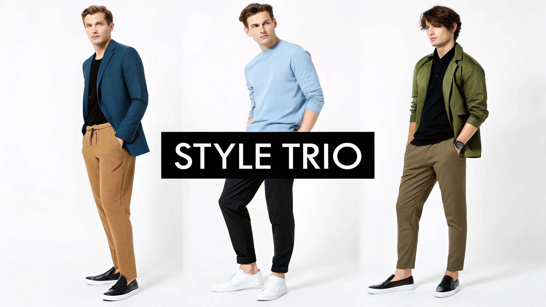Three stylish men showcase various casual outfits, including blazers, tops, and trousers, against a white background.