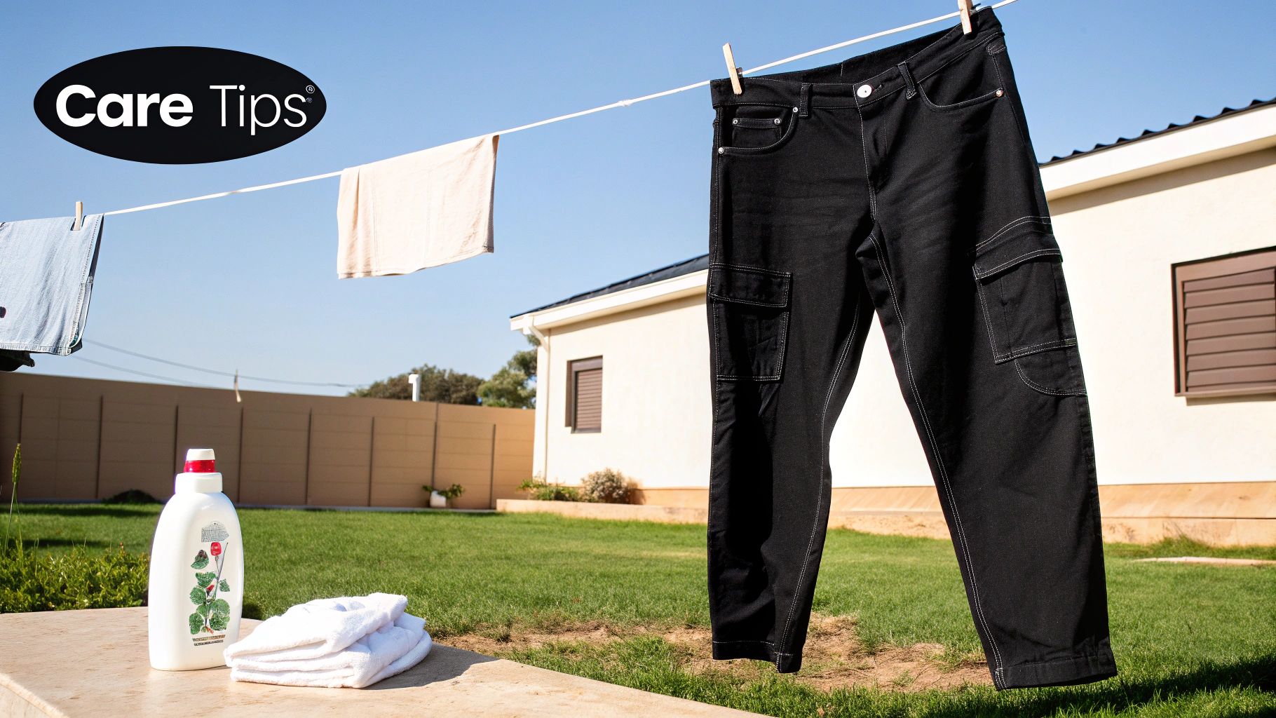 Black cargo jeans drying on a clothesline in a sunny backyard with laundry detergent.