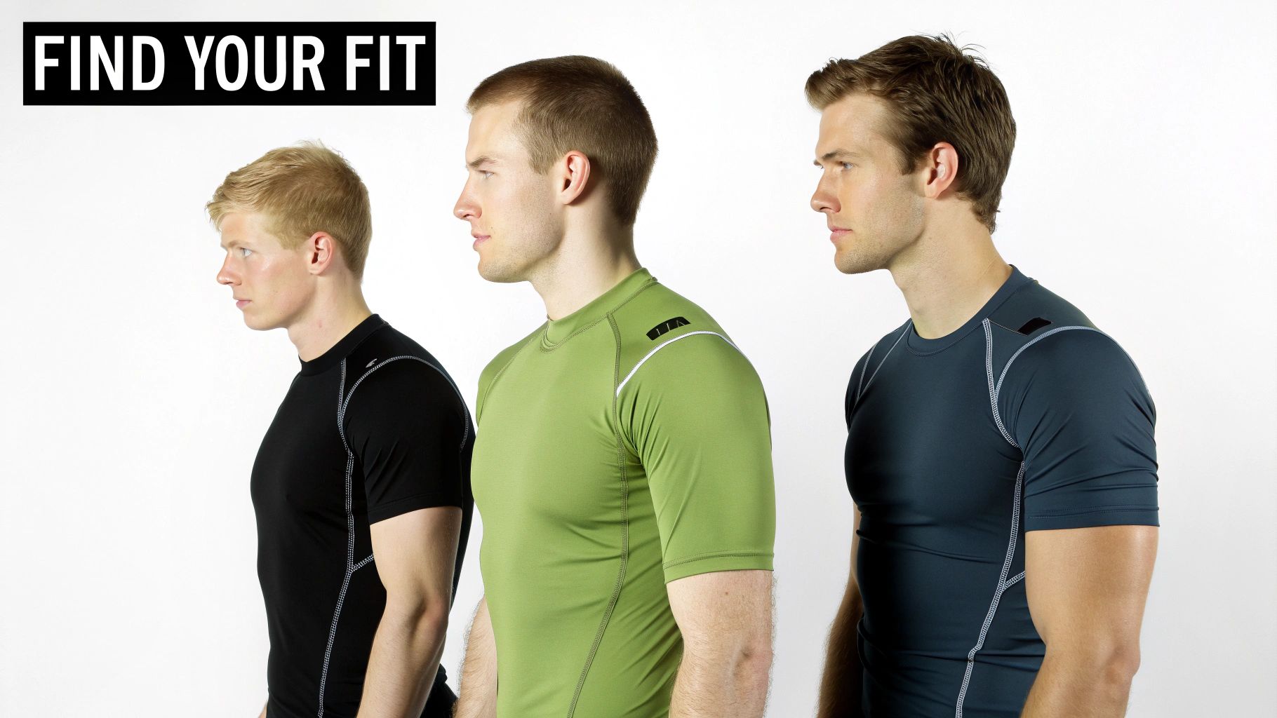 Side profile of three men in athletic compression shirts, illustrating different fits, with 'FIND YOUR FIT' text.