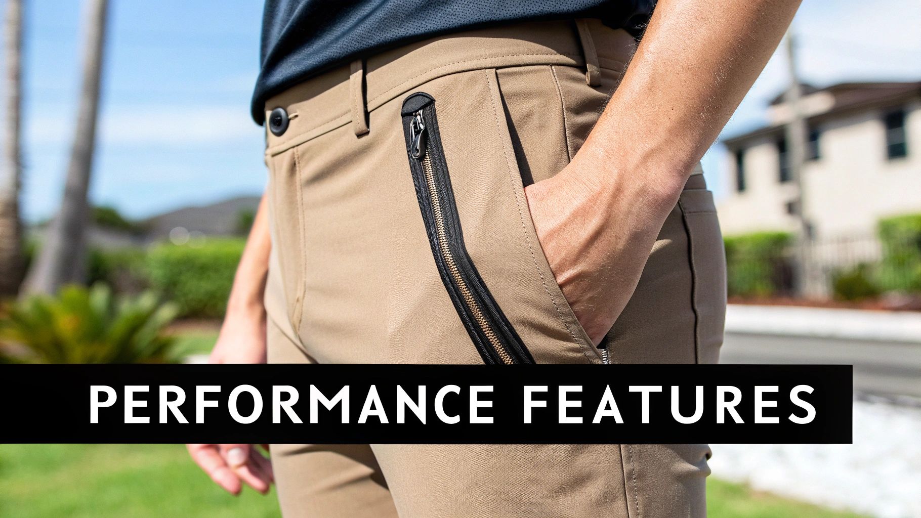 Close-up of a person wearing tan performance pants with a black zippered pocket and hand in pocket.