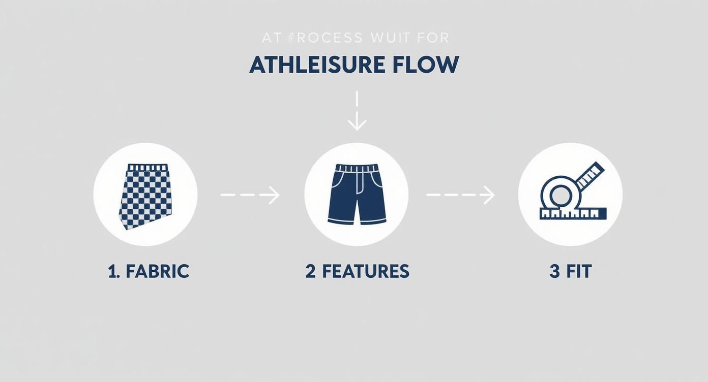 A flowchart showing the athleisure design process: 1. Fabric, 2. Features, 3. Fit.