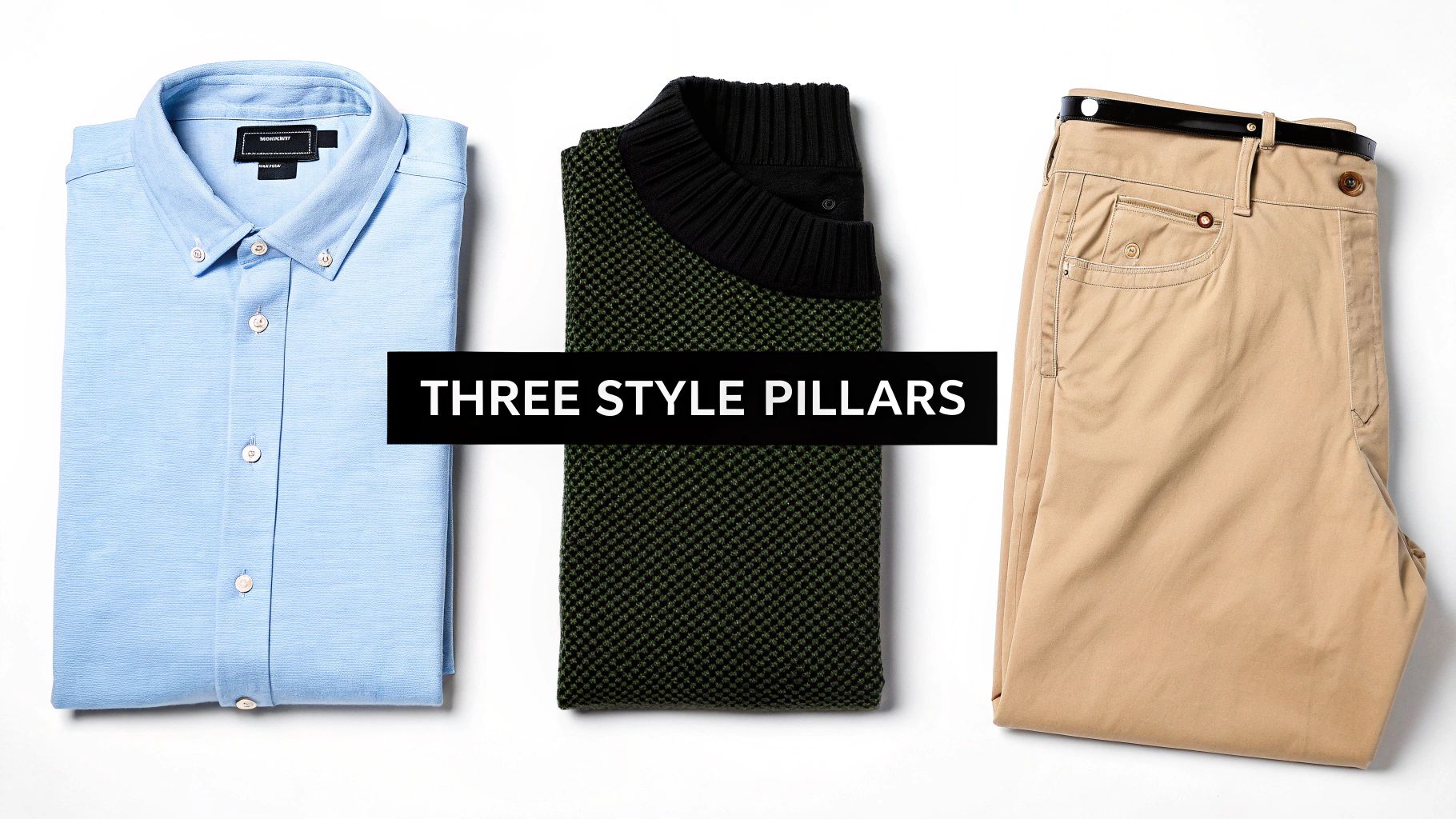Three folded smart casual men's clothing items: a blue shirt, a green sweater, and beige chinos.