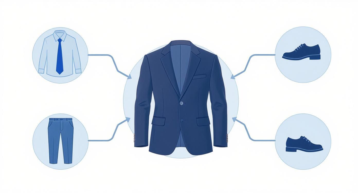 An illustration of a men's blue suit jacket surrounded by a shirt, tie, trousers, and dress shoes, showing outfit components.