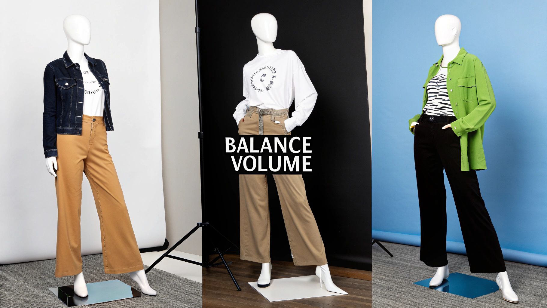Three mannequins display diverse casual outfits featuring stylish wide-leg pants for a balanced look.
