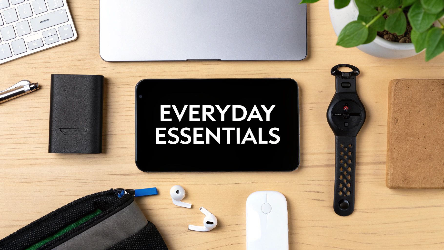 Flat lay of everyday tech essentials including a laptop, smartphone, smartwatch, earbuds, and power bank on a wooden desk.