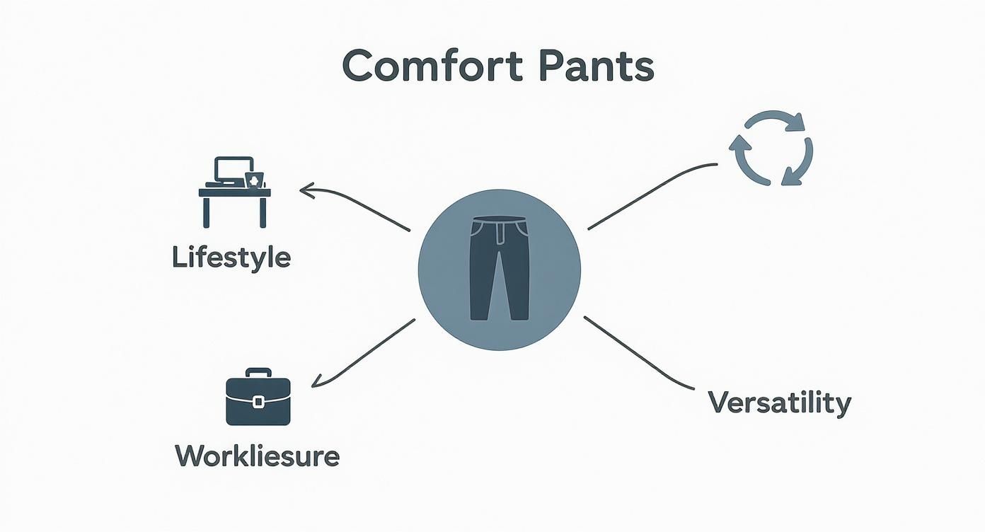 A diagram illustrating the concepts of comfort pants, linking them to lifestyle, workleisure, and versatility.