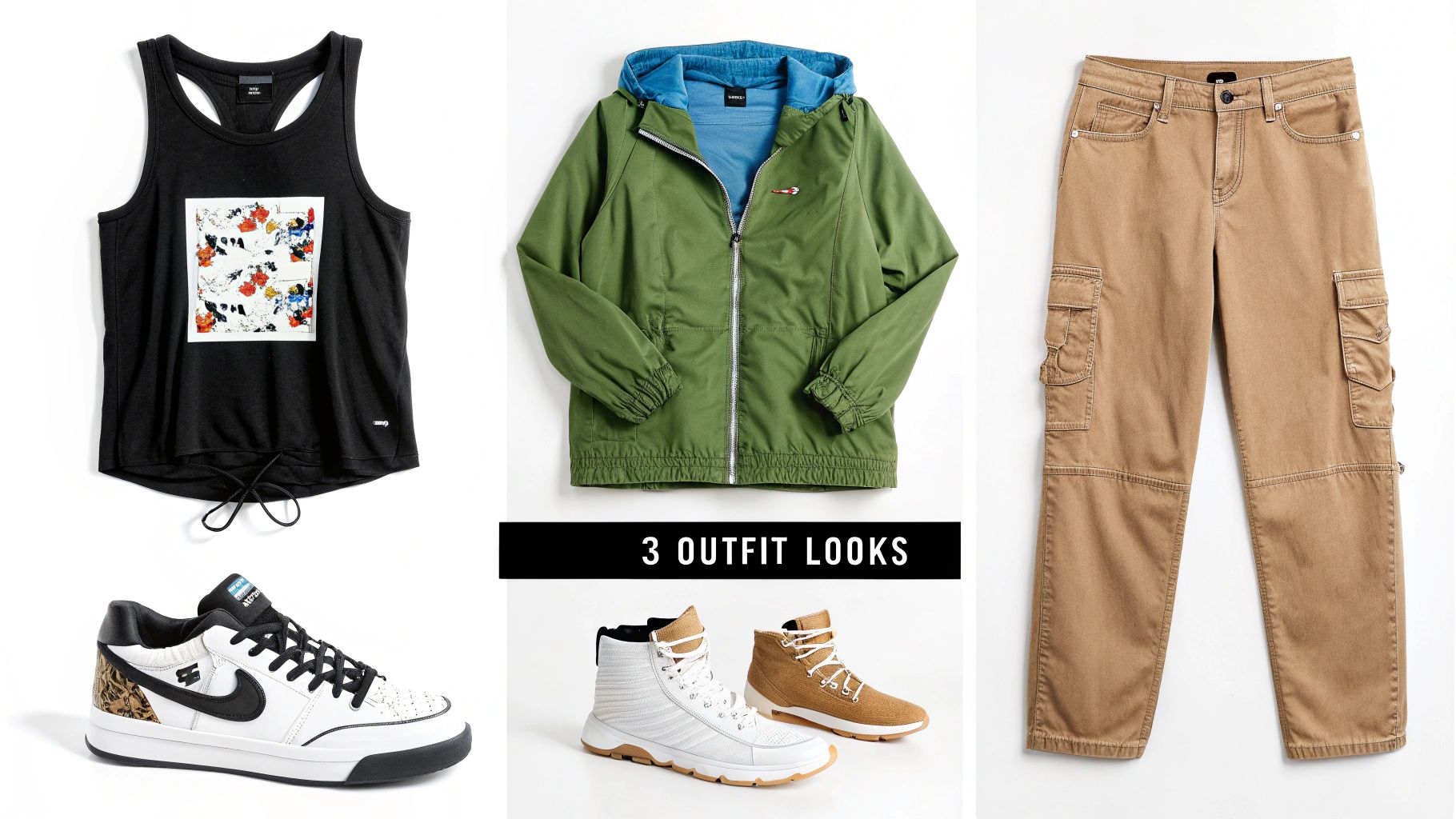 A flat lay of casual fashion items: black tank top, green jacket, tan cargo pants, and multiple shoes.