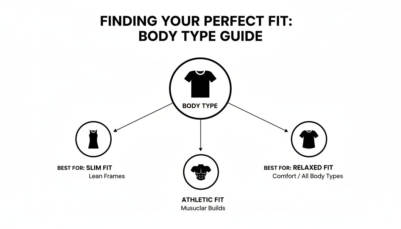 A body type guide illustrating clothing fits: slim for lean, athletic for muscular, and relaxed for all frames.