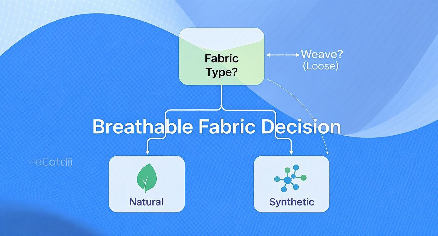 A flowchart illustrates breathable fabric decision, categorizing fabric types into natural and synthetic, considering weave.