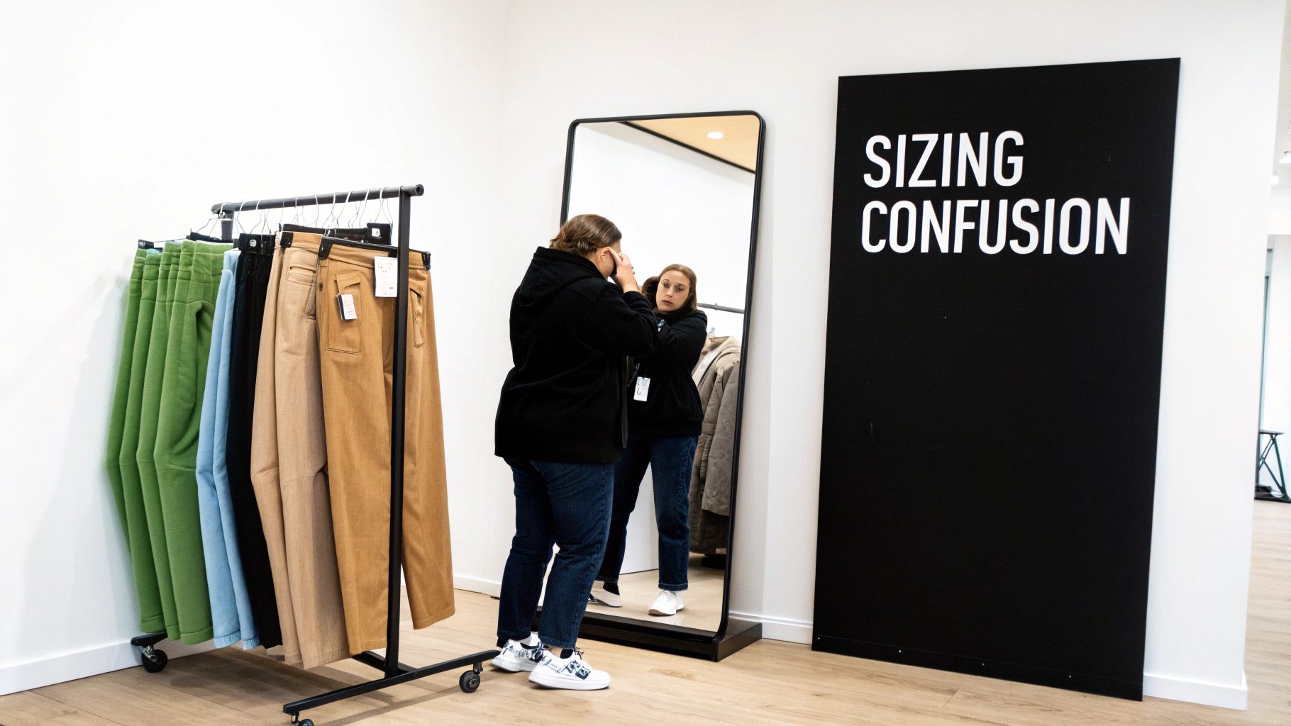 A person looks in a mirror in a clothing store, with a rack of pants nearby and a 'SIZING CONFUSION' sign.
