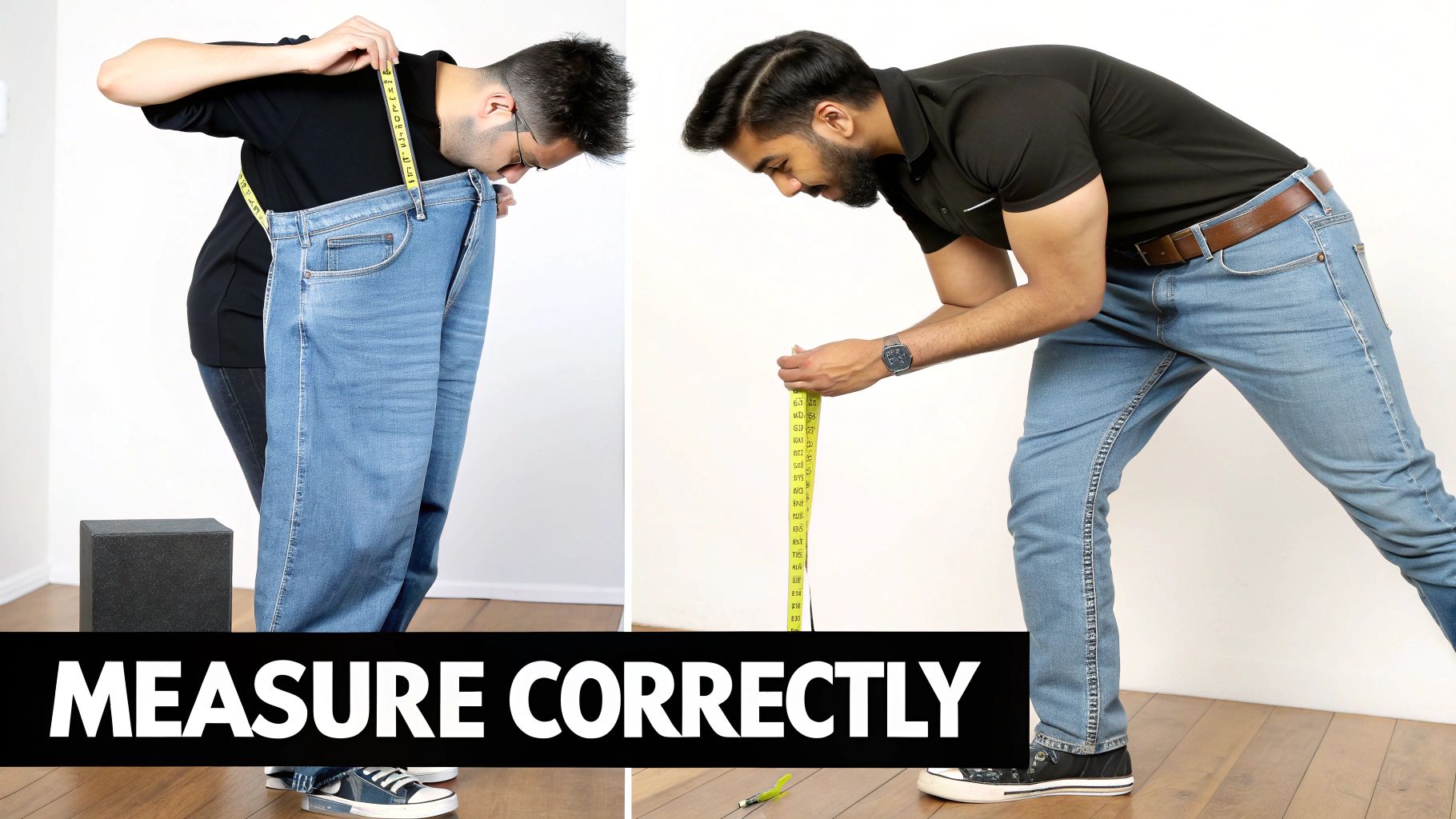 Men measuring jeans for waist and length, emphasizing correct measuring techniques for fit.