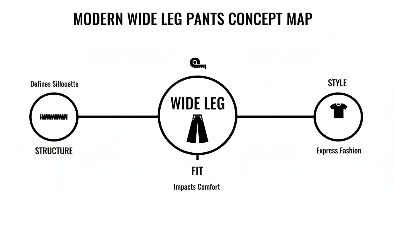 A concept map illustrating the structure, fit, and style elements of modern wide leg pants.