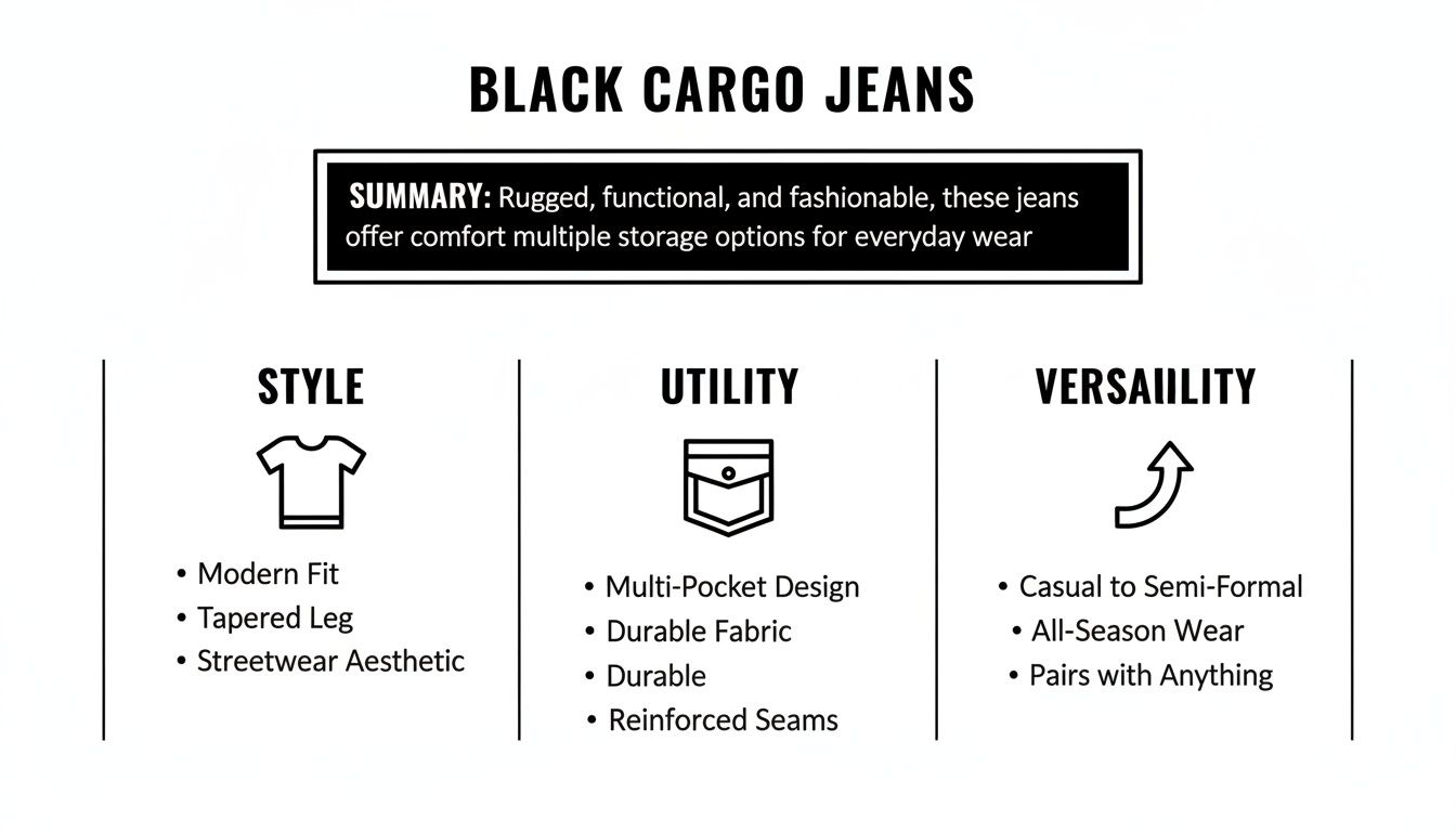Infographic detailing the style, utility, and versatility features of black cargo jeans.