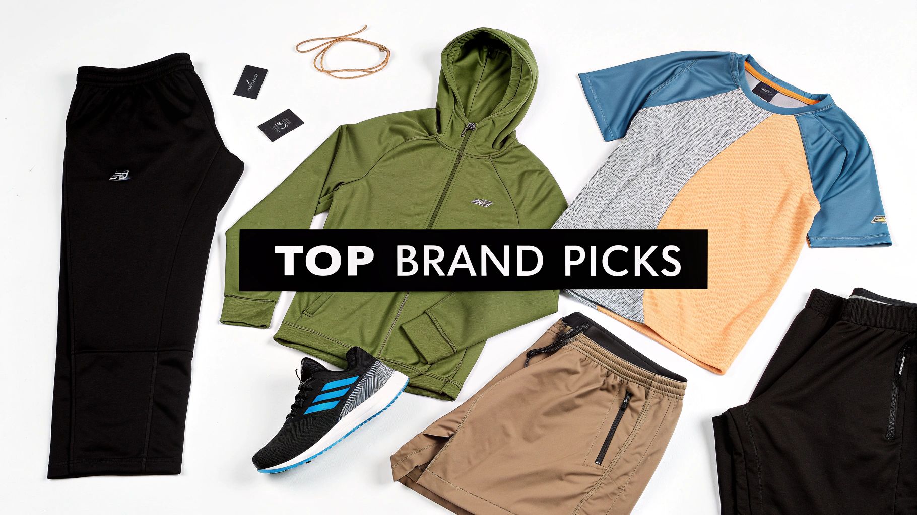 A flat lay of men's activewear: black pants, green jacket, colorful t-shirt, tan shorts, and sneakers.