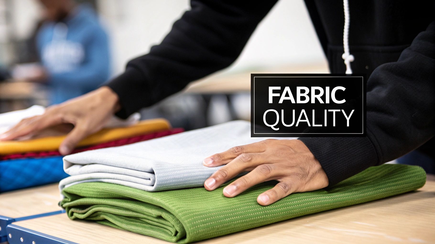 Hands inspect folded fabrics of various colors, emphasizing the importance of fabric quality and texture.