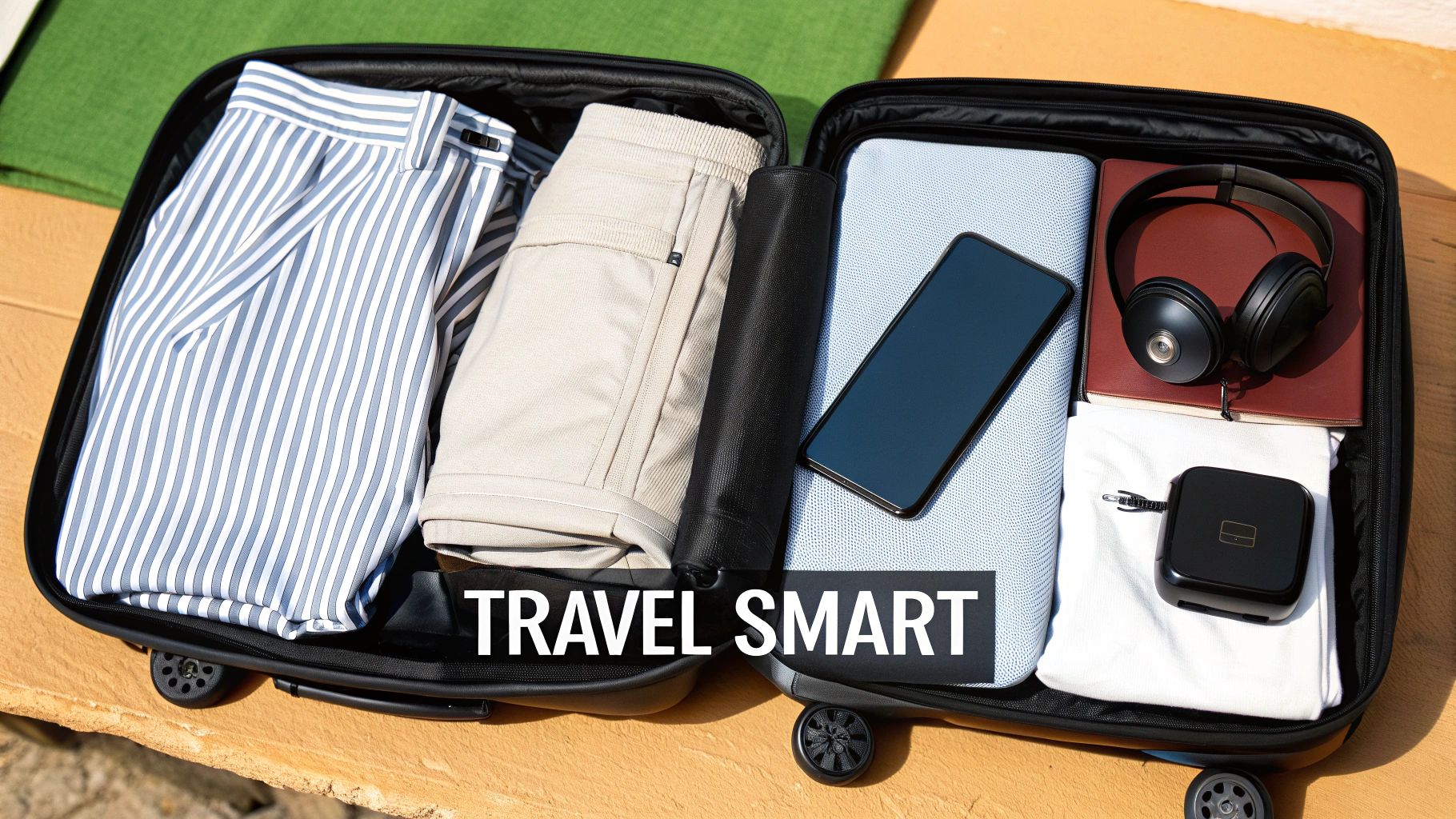 An open black suitcase is neatly packed with striped pants, beige shorts, a smartphone, headphones, and a power bank, ready for travel.