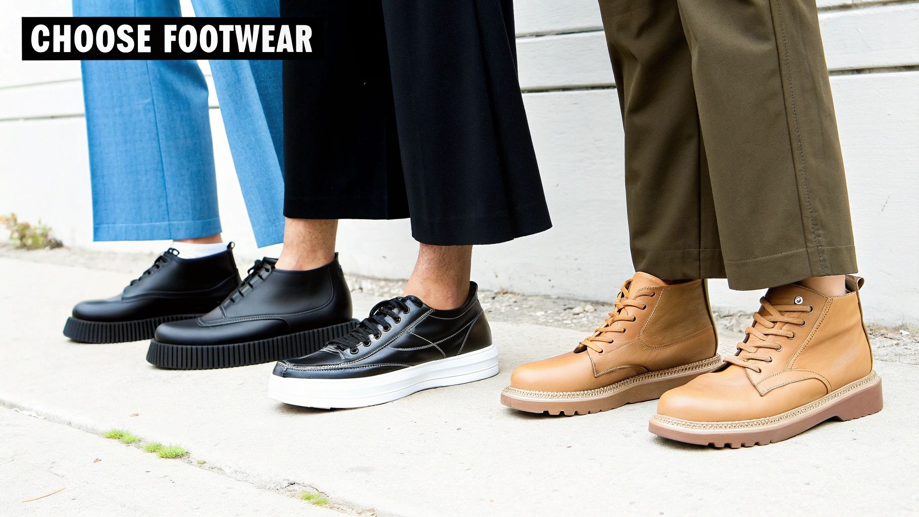 Three individuals showcase various stylish footwear options paired with different wide-leg pants.