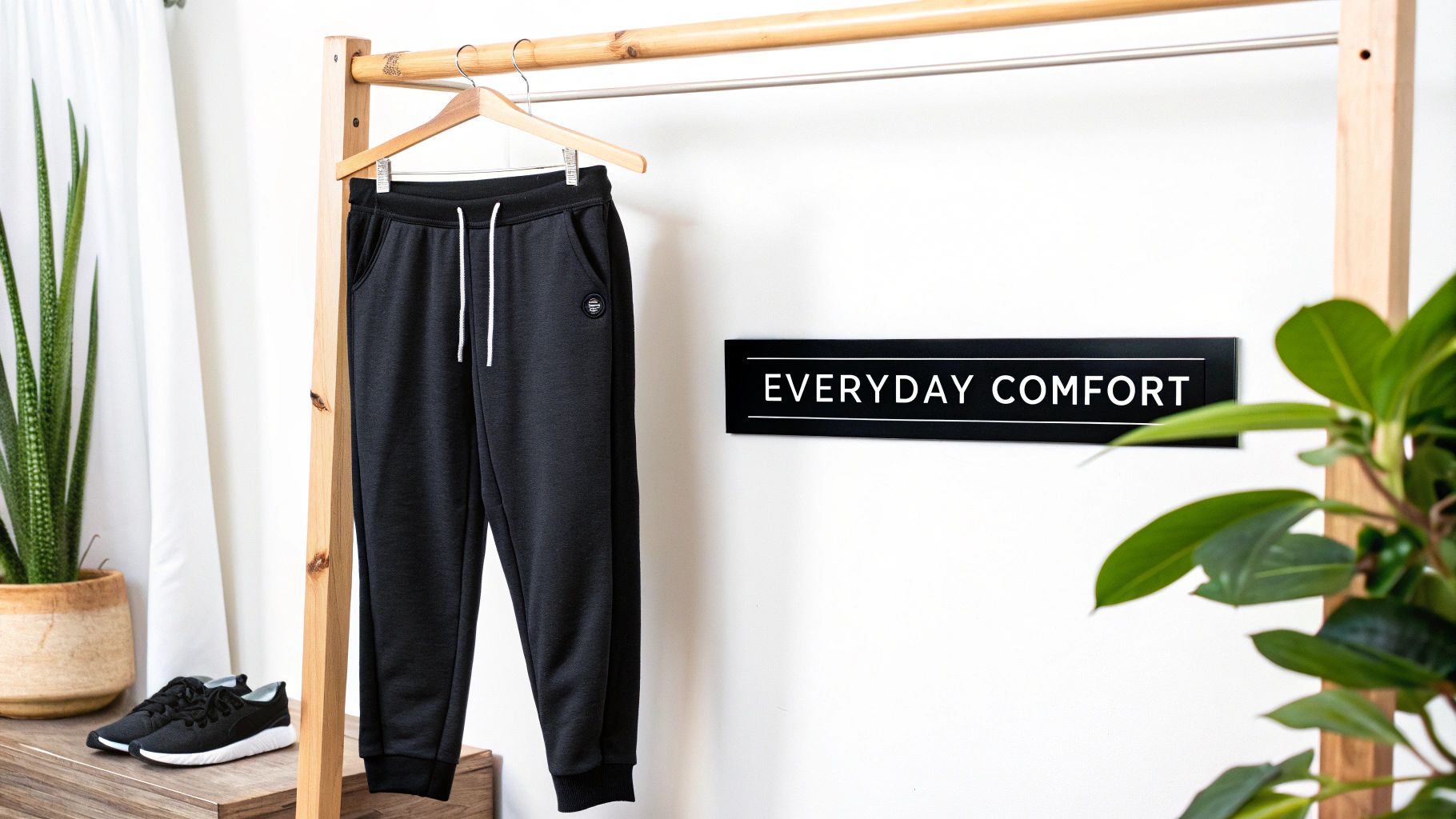 Comfortable black joggers hanging on a wooden rack, complemented by sneakers and plants.