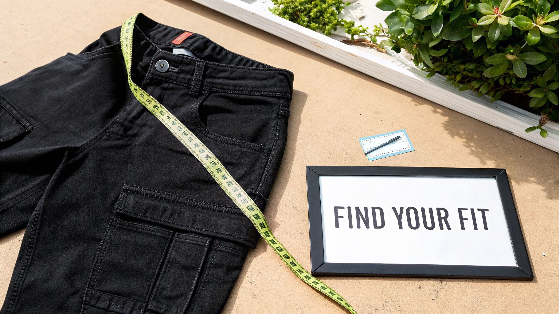Black cargo jeans with a green measuring tape, a 'FIND YOUR FIT' sign, and a pen on a table.