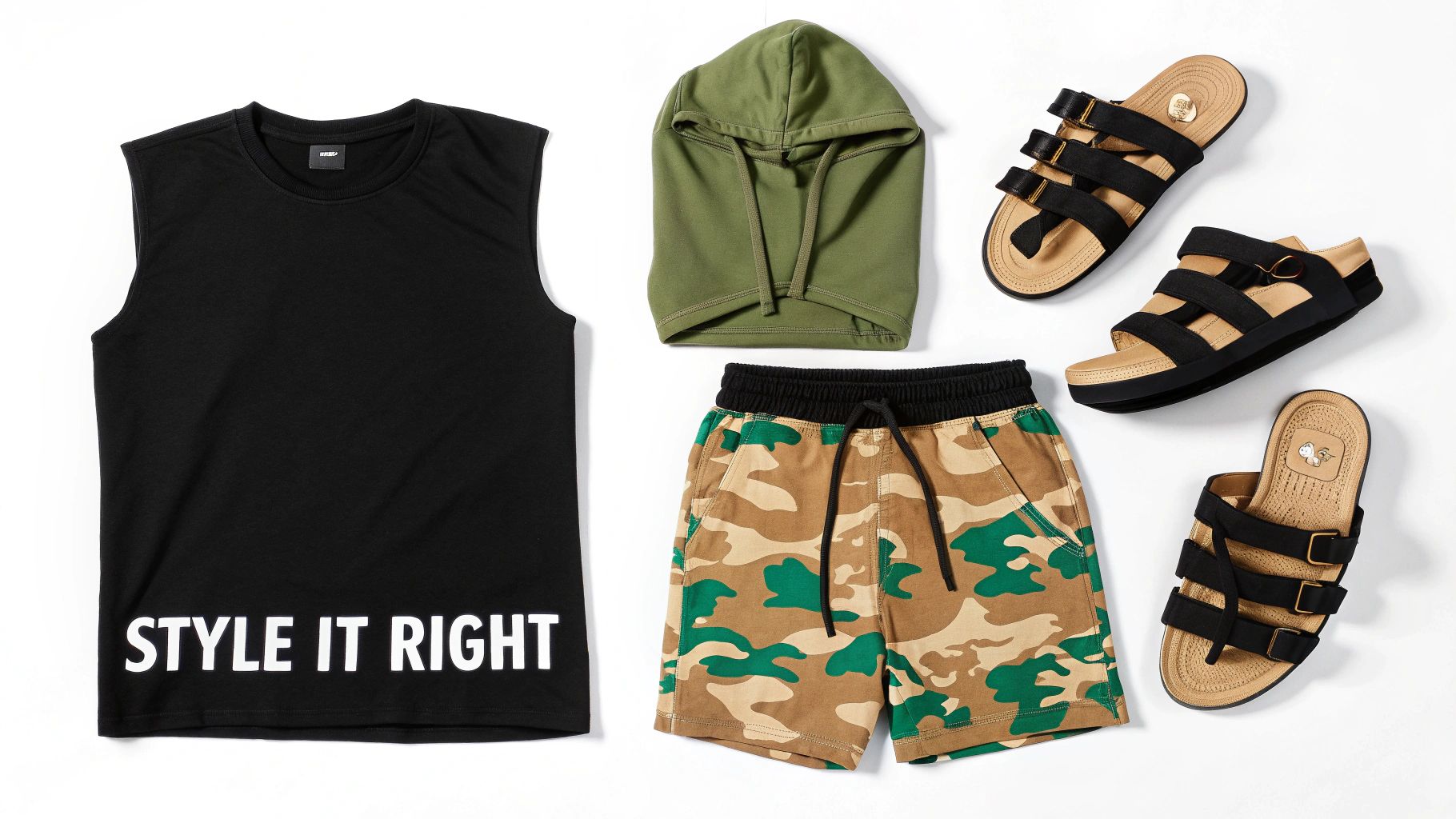 A flat lay of men's casual summer outfit: black tank top, green balaclava, camo shorts, and black sandals.