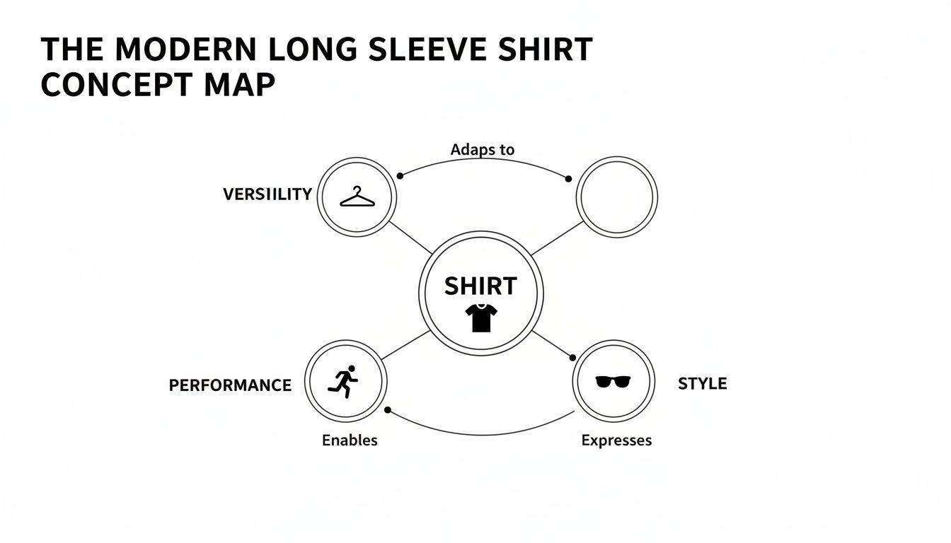 A concept map showing the modern long sleeve shirt's key attributes: versatility, performance, and style.