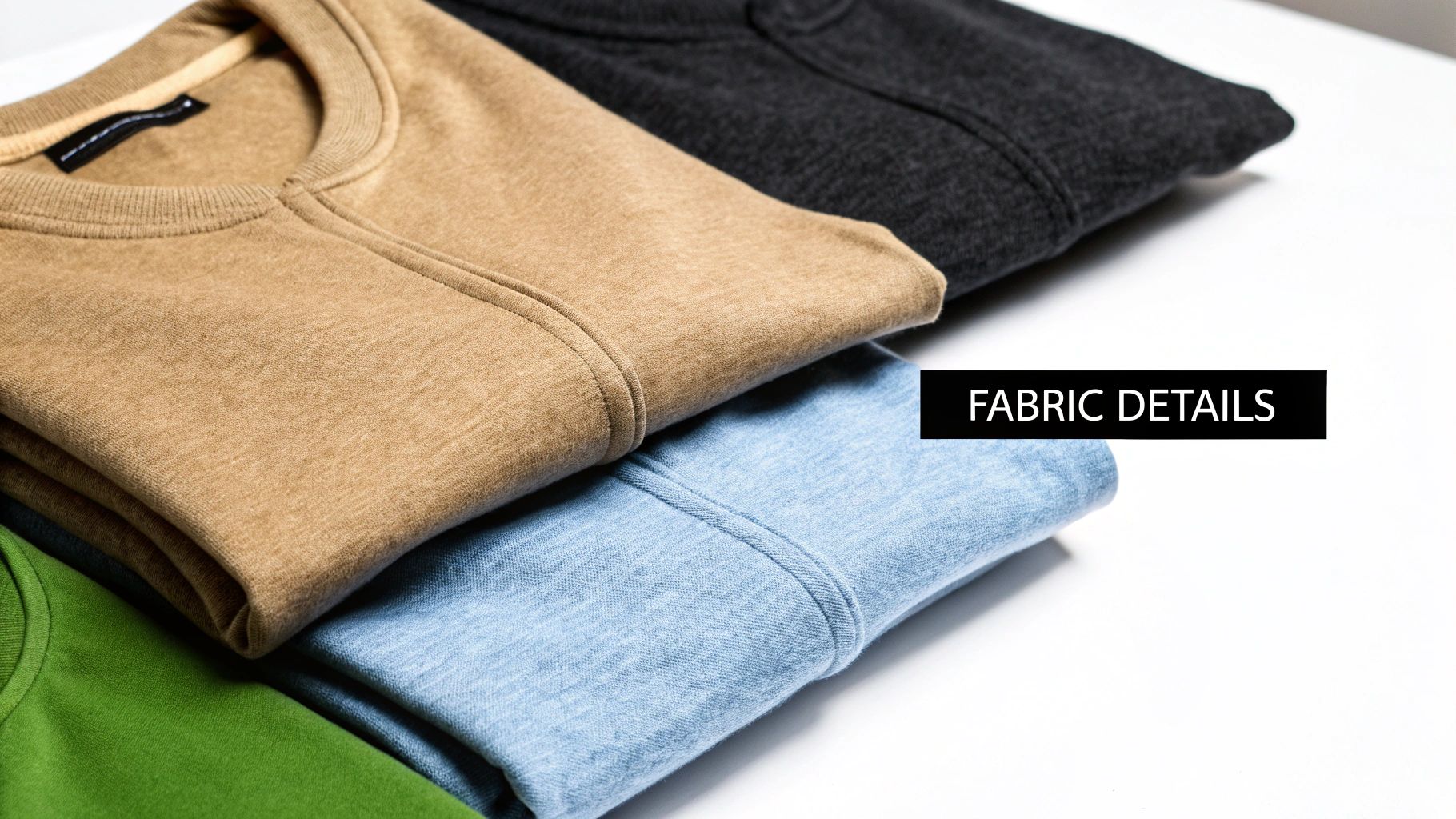 Close-up of neatly folded, textured sweatshirts in brown, black, blue, and green, highlighting fabric details.